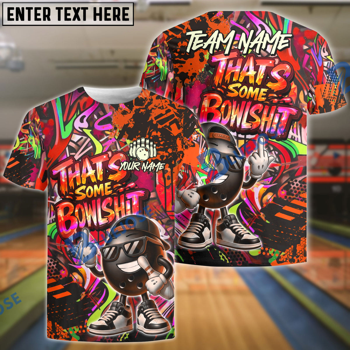 BlueJose Bowling & Pins  Funny Graffiti Cool Cartoon Street Art Design That's Some Bowlshit Customized Name, Team Name 3D Shirt (4 Colors)