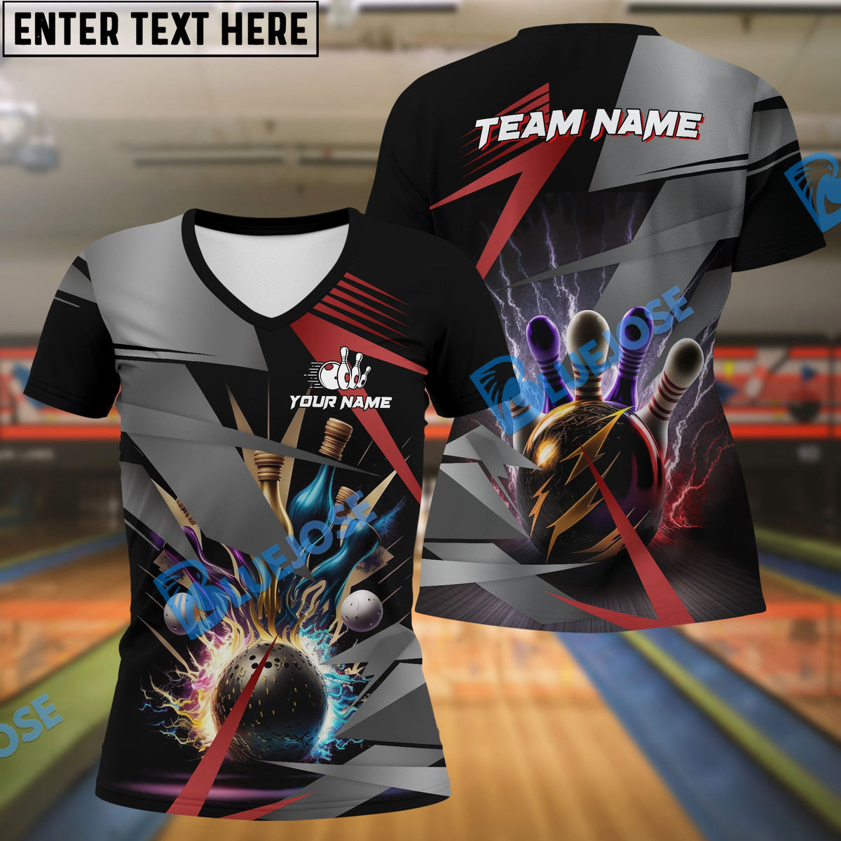 BlueJose Bowling And Pins Basic Thunder Customized Name 3D Shirt (4 Colors)