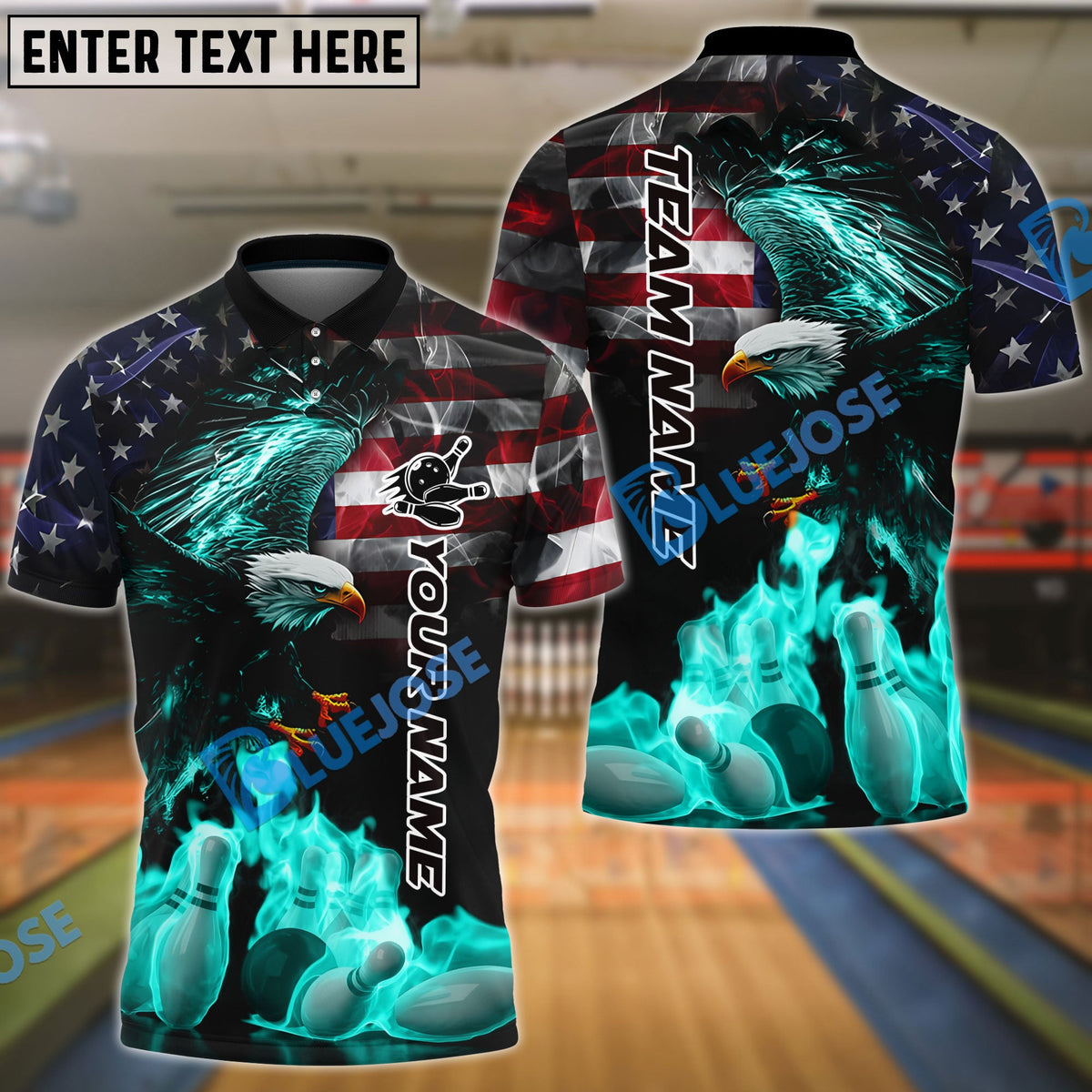 BlueJose Bowling And Pins Flame American Eagle Customized Name, Team Name 3D Shirt (4 Colors)