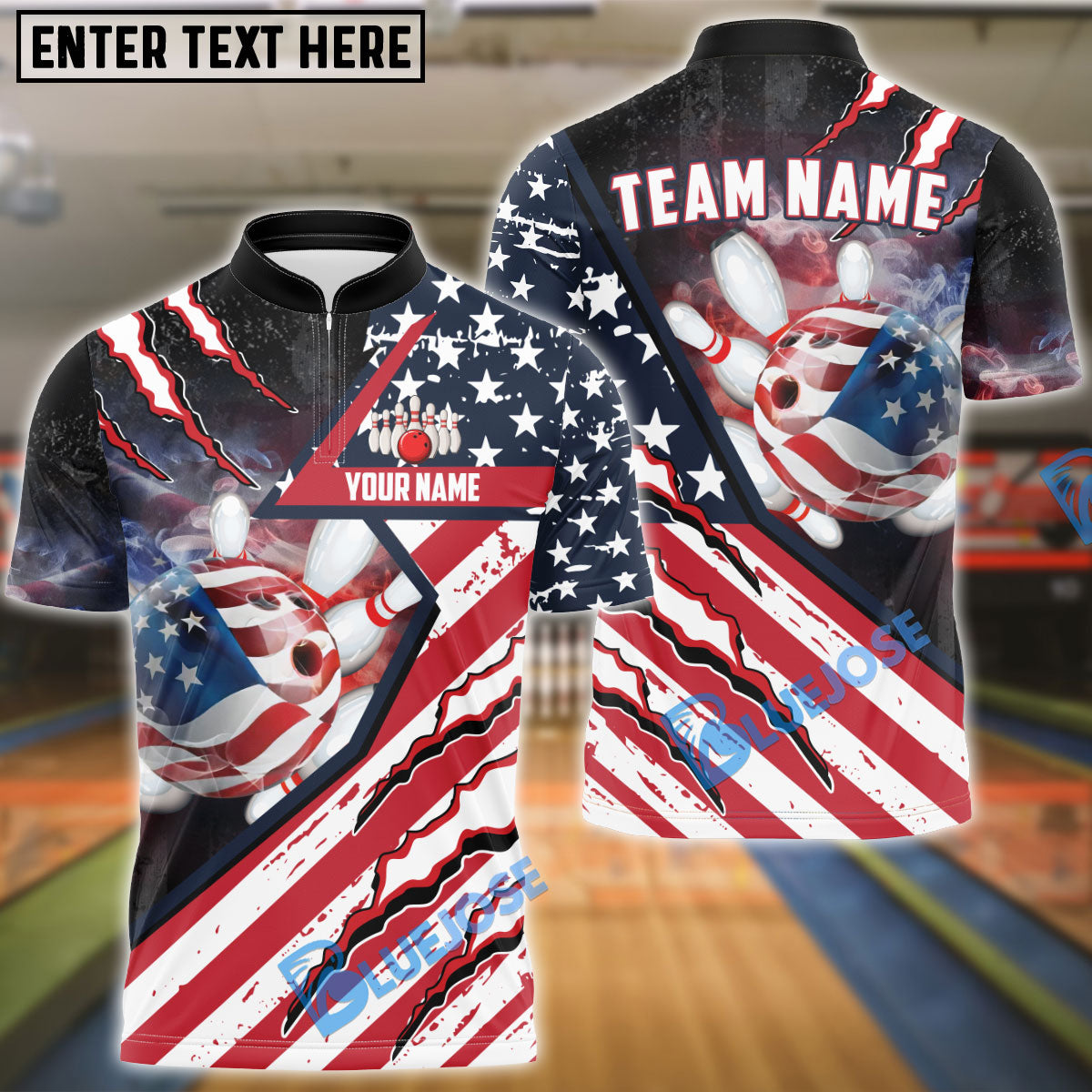 BlueJose Bowling American Flag Patriot Customized Name, Team Name 3D Shirt