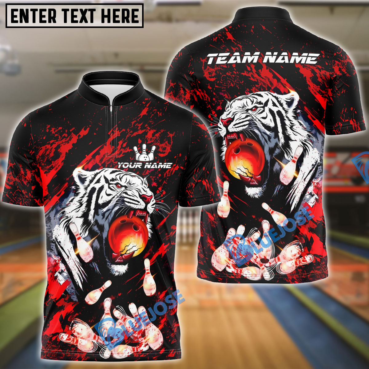 BlueJose Bowling And Pins White Tiger Red Ball Fire Splash Customized Name 3D Shirt (4 Colors)
