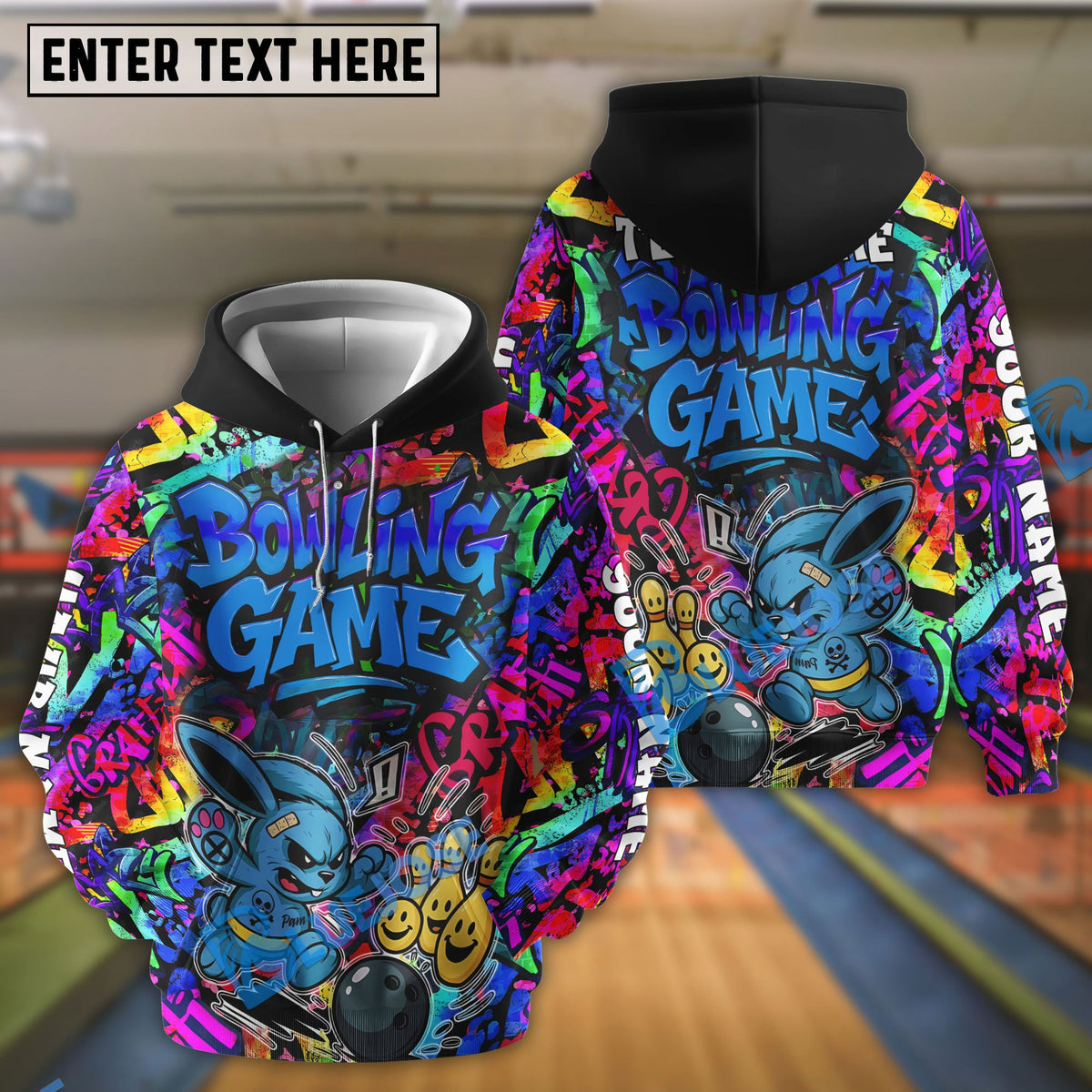 BlueJose Bowling And Pins Graffiti Colorful Bunny Customized Name, Team Name Shirt (4 Colors)
