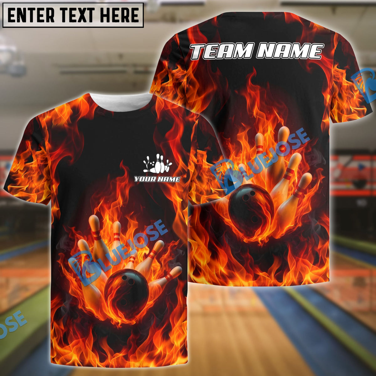 BlueJose Bowling And Pins Flaming Strike Burst Customized Name, Team Name 3D Shirt (4 Colors)