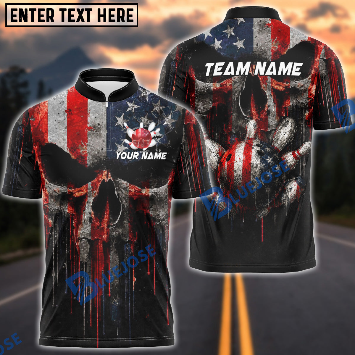 BlueJose Bowling Melt Grunge American Flag Punisher Skull Ball Pins Design Customized Name, Team Name 3D Shirt