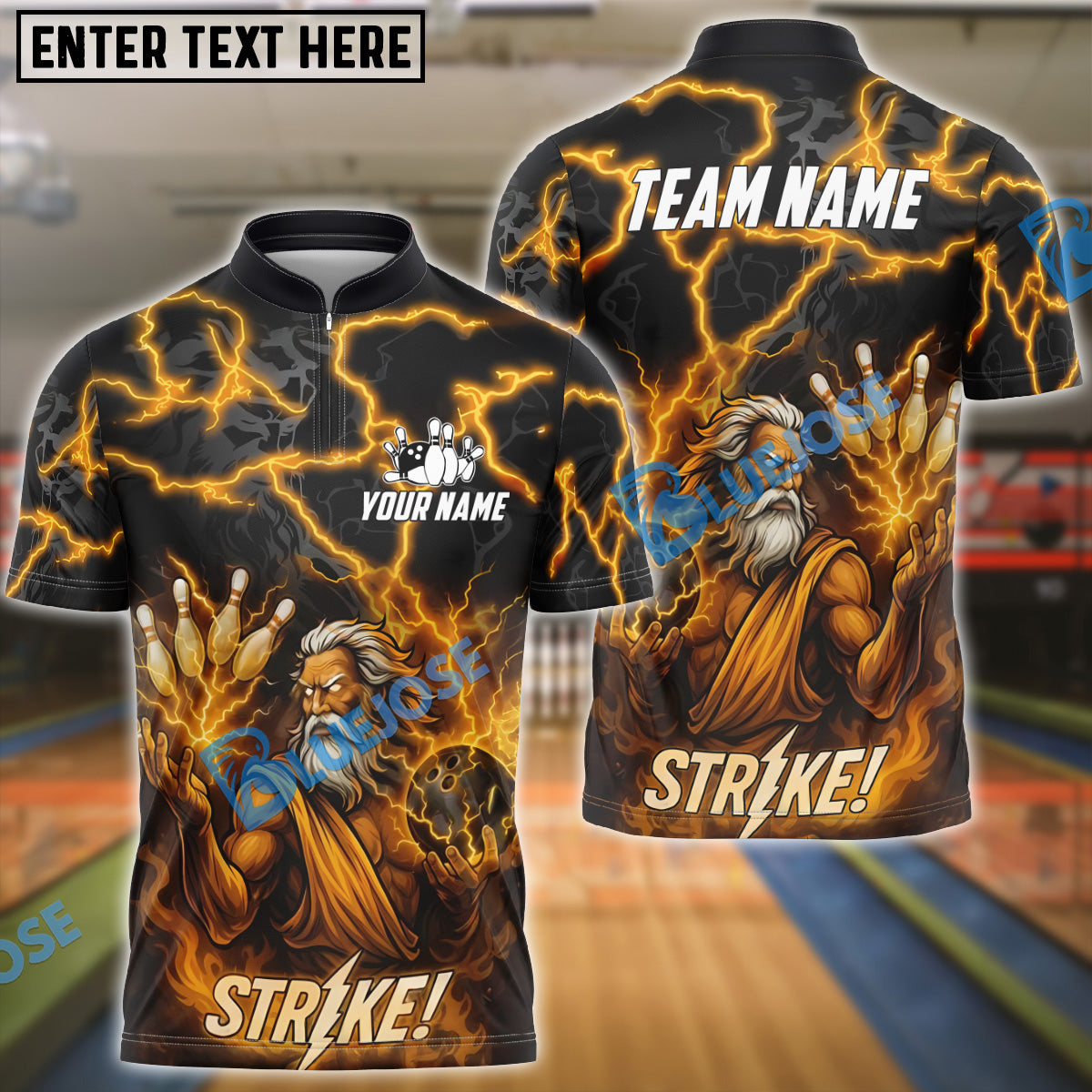 BlueJose Bowling Zeus Lightning STRIKE! Customized Name, Team Name 3D Shirt (4 Colors)