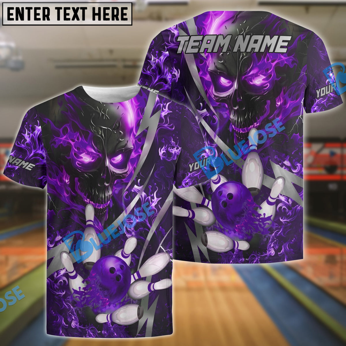 BlueJose Bowling And Pins Flame Electric Skull Customized Name, Team Name 3D Shirt (4 Colors)