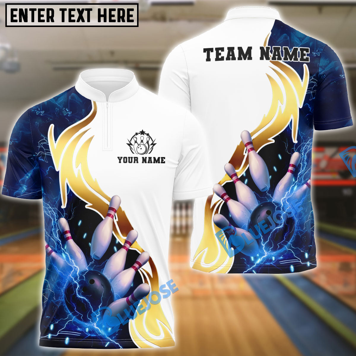 BlueJose Bowling And Pins White Golden Lightning Customized Name, Team Name 3D Shirt (4 Colors)