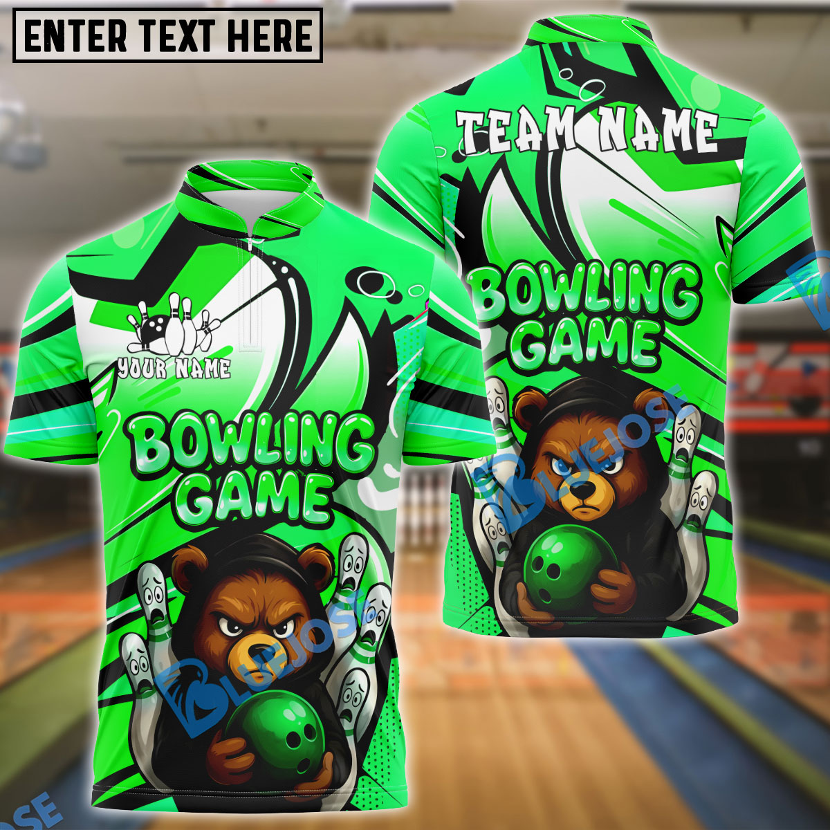 BlueJose Bowling Ball & Pins Angry Bear Customized Name, Team Name 3D Shirt (4 Colors)