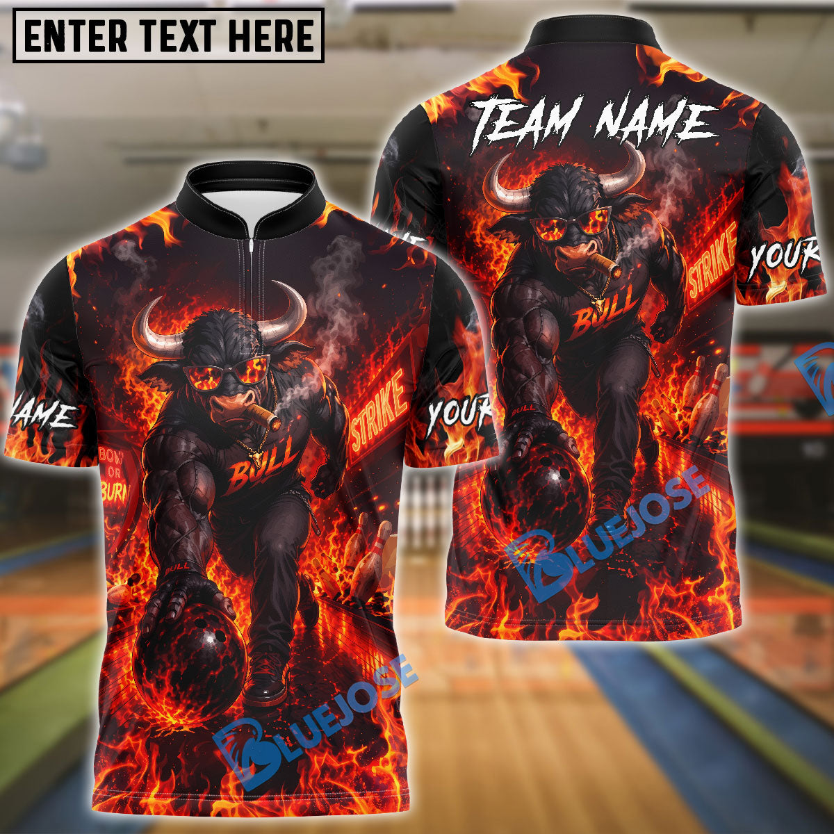 BlueJose Bowling Fire Smoking Bull Bowler Art Graphic Customized Name, Team Name 3D Shirt (4 Colors)