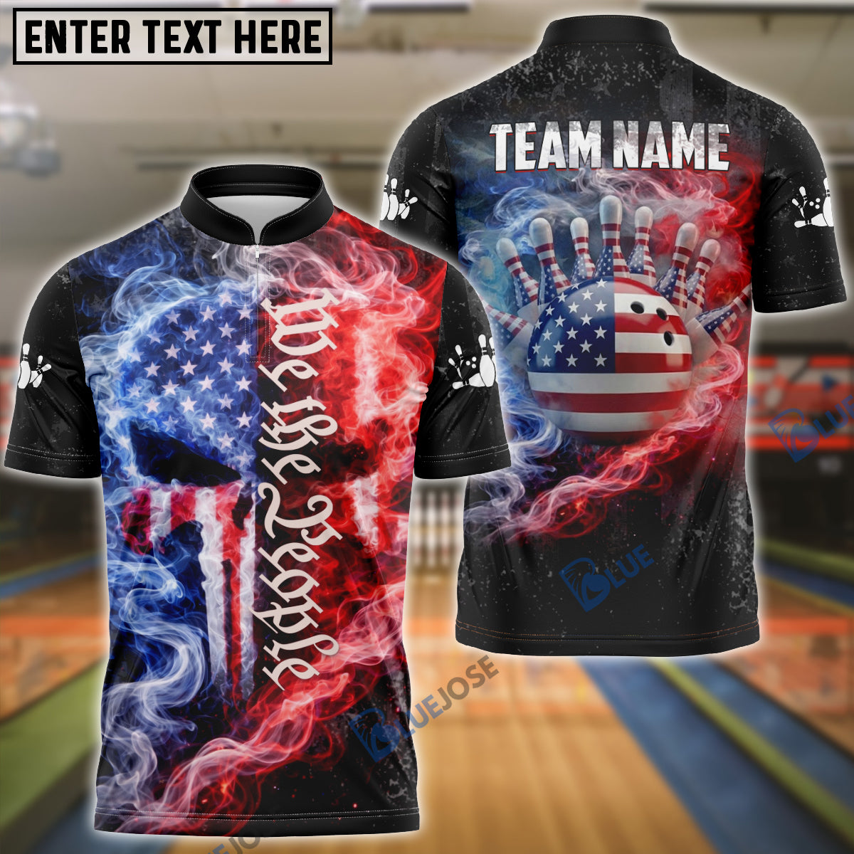 BlueJose Bowling We The People USA Fire Smoke Punisher Skull Design Personalized Name, Team Name 3D Shirt