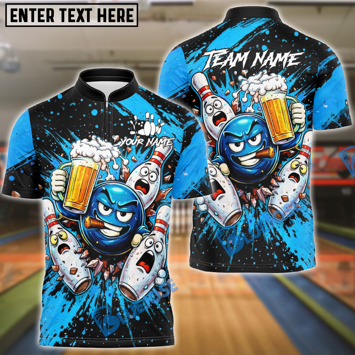 BlueJose Bowling & Pins Beer Party Funny Cartoon Customized Name, Team Name 3D Shirt (6 Colors)