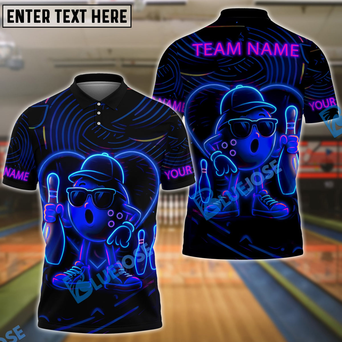 BlueJose Bowling Ball & Pins Neon Funny Customized Name, Team Name 3D Shirt (4 Colors)