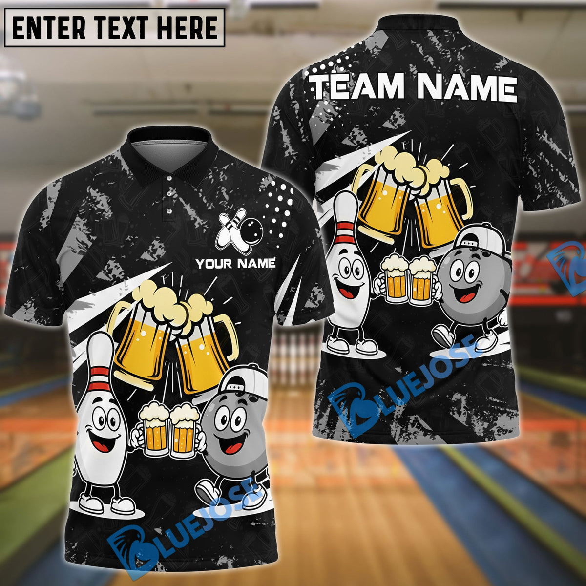 BlueJose Bowling And Pins Funny Beer & Bowling Pins Cartoon Design Customized Name, Team Name 3D Shirt (6 Colors)