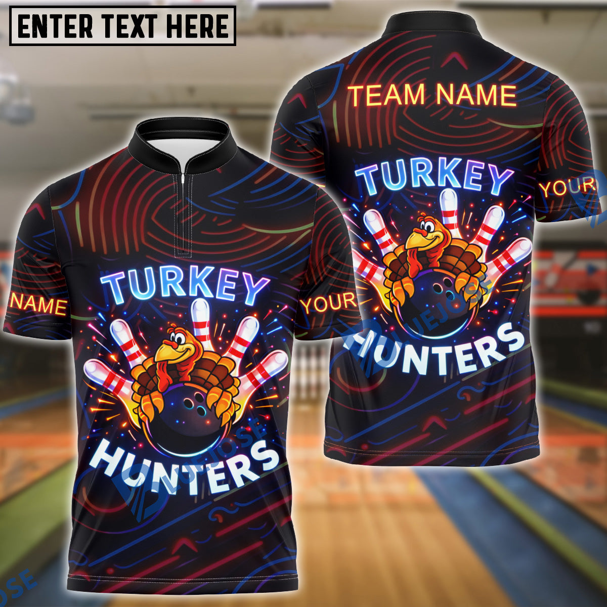 BlueJose Bowling Neon Turkey Strike Funny Thanksgiving Personalized Name, Team Name 3D Shirt