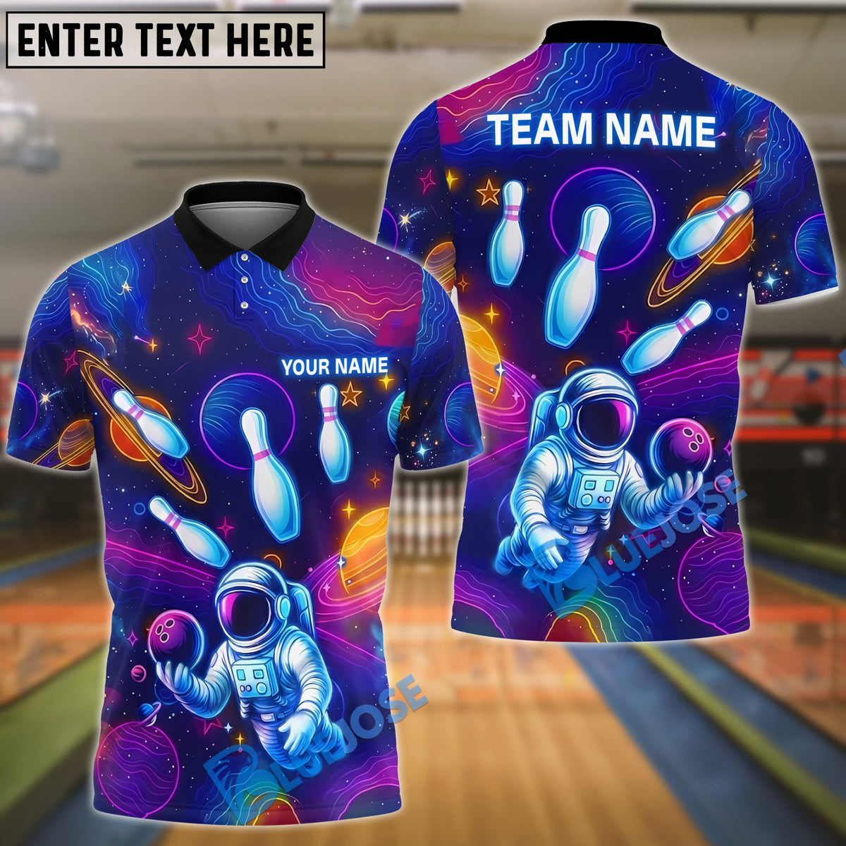 BlueJose Bowling And Pins Space Astronaut Neon Galaxy Customized Name, Team Name 3D Shirt (4 Colors)