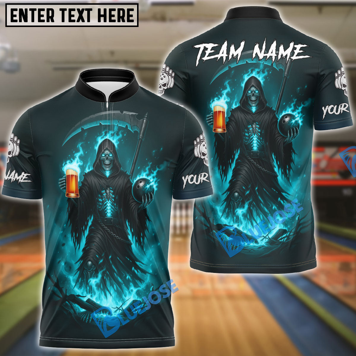 BlueJose Bowling Grim Reaper Beer Flame Customized Name, Team Name 3D Shirt (4 Colors)