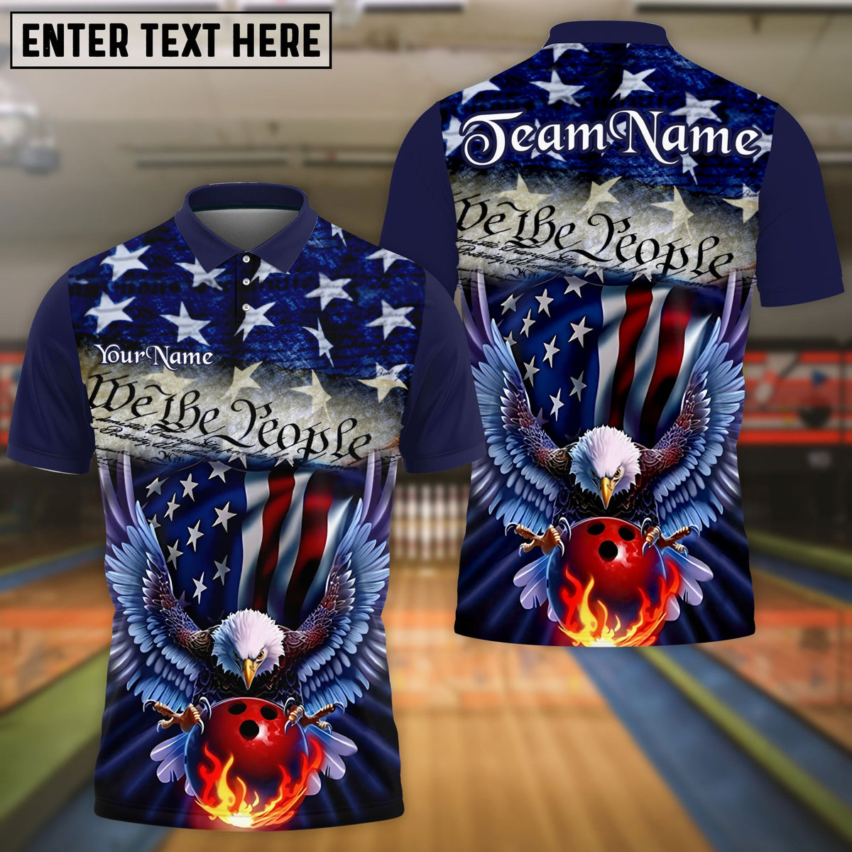 BlueJose Bowling Ball And Pins Eagle Patriotic Customized Name, Team Name 3D Polo Shirt