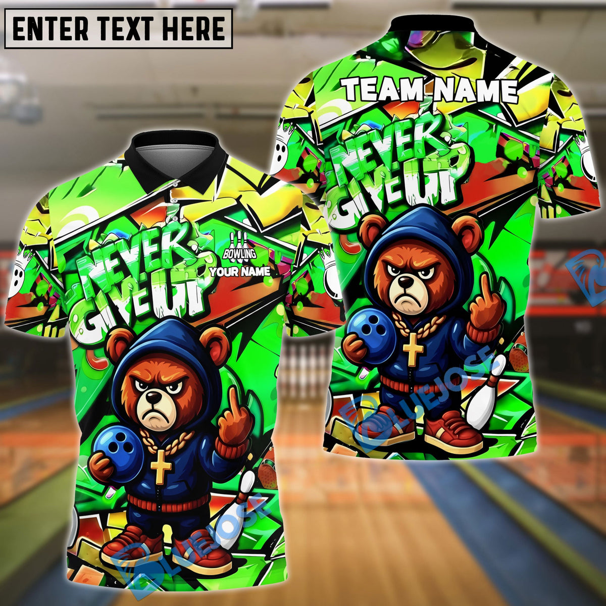 BlueJose Bowling And Pins Bear Never Give Up Graffiti Customized Name, Team Name 3D Shirt (4 Colors)