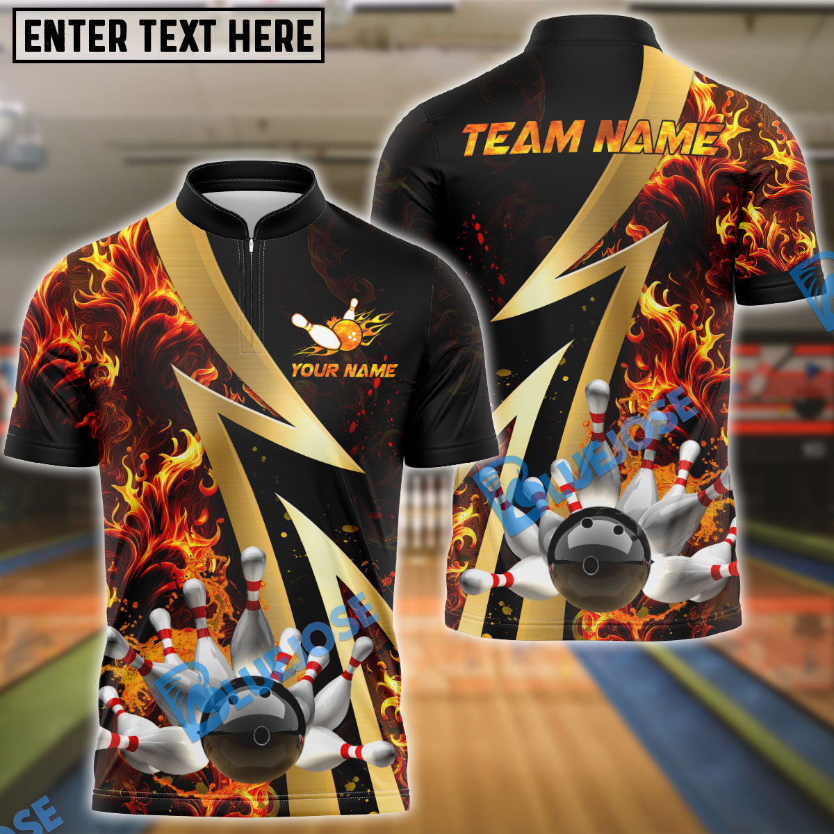 BlueJose Bowling And Pins Flame Smoke Customized Name 3D Shirt ( 6 Colors)