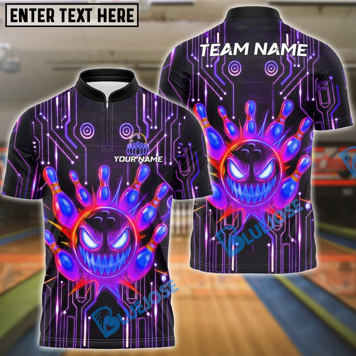 BlueJose Bowling And Pins Cyberpunk Evil Ball Customized Name, Team Name 3D Shirt (4 Colors)