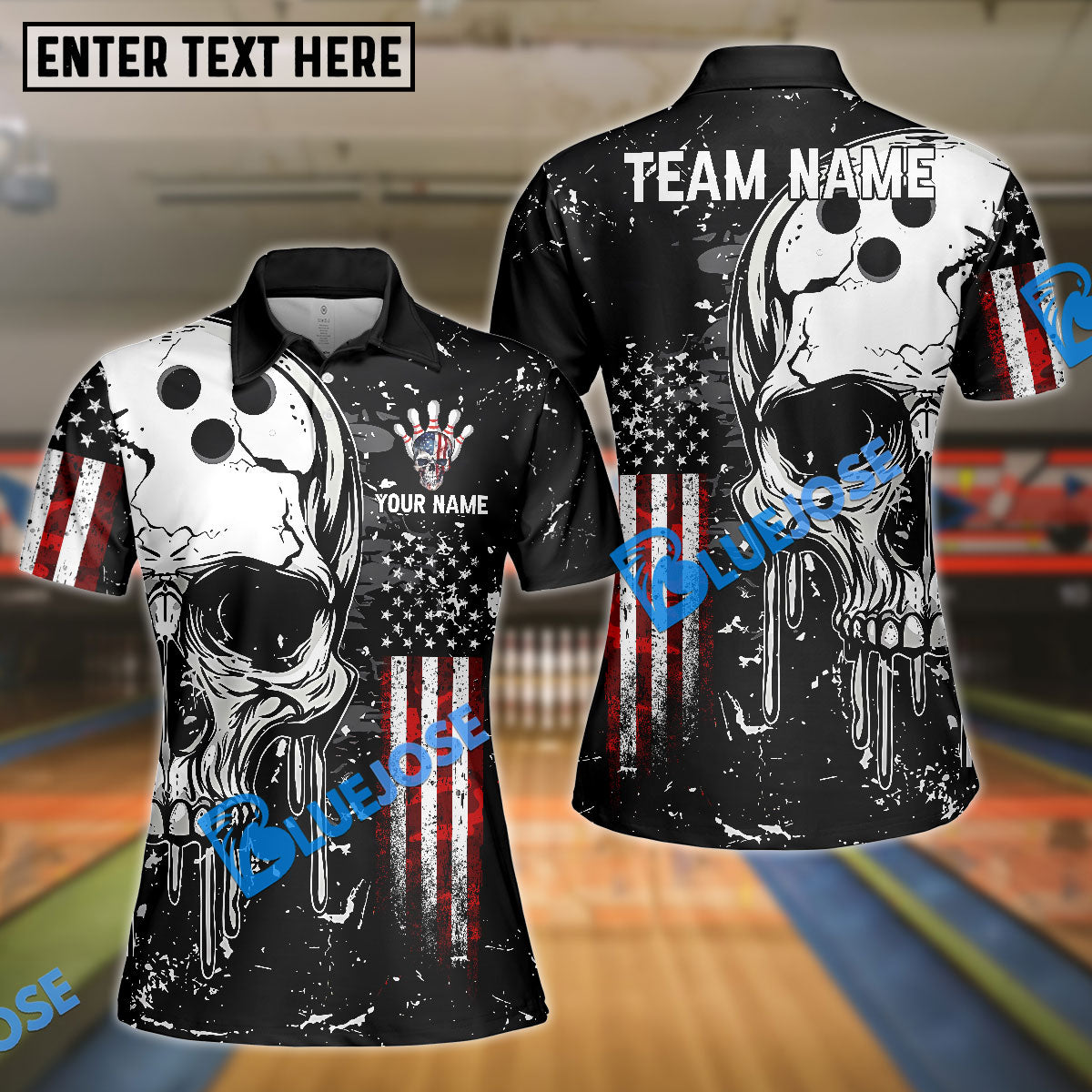BlueJose Bowling And Pins American Flag Skull Customized Name, Team Name 3D Shirt