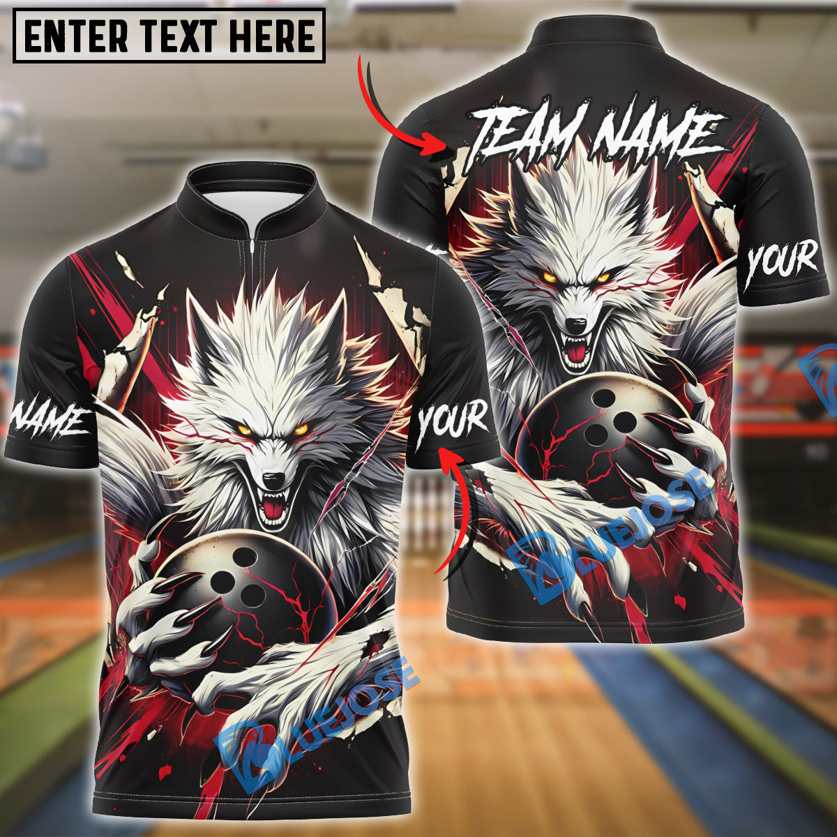 BlueJose Bowling And Pins Bloody Wolf Customized Name, Team Name 3D Shirt (4 Colors)