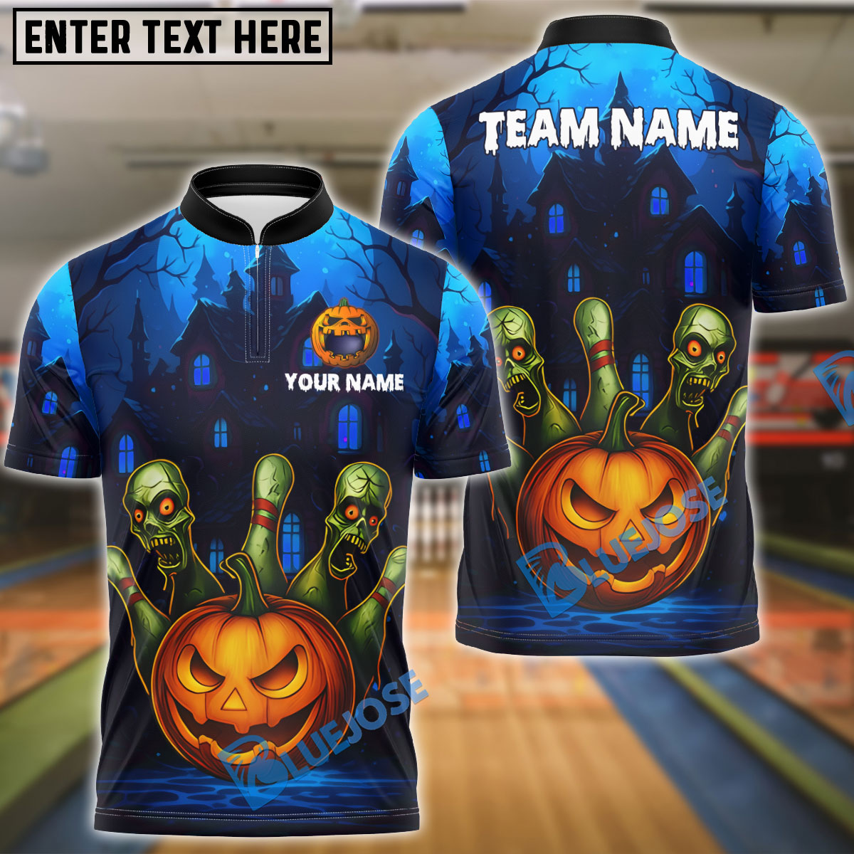 BlueJose Bowling And Pins Halloween Pumpkin Zombie Pins Customized Name, Team Name 3D Shirt (4 Colors)