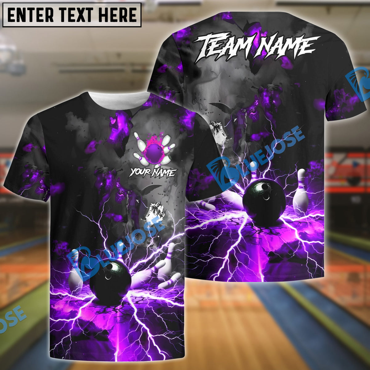 BlueJose Bowling And Pins Volcano Lava Explosion Lightning Customized Name, Team Name 3D Shirt (4 Colors)
