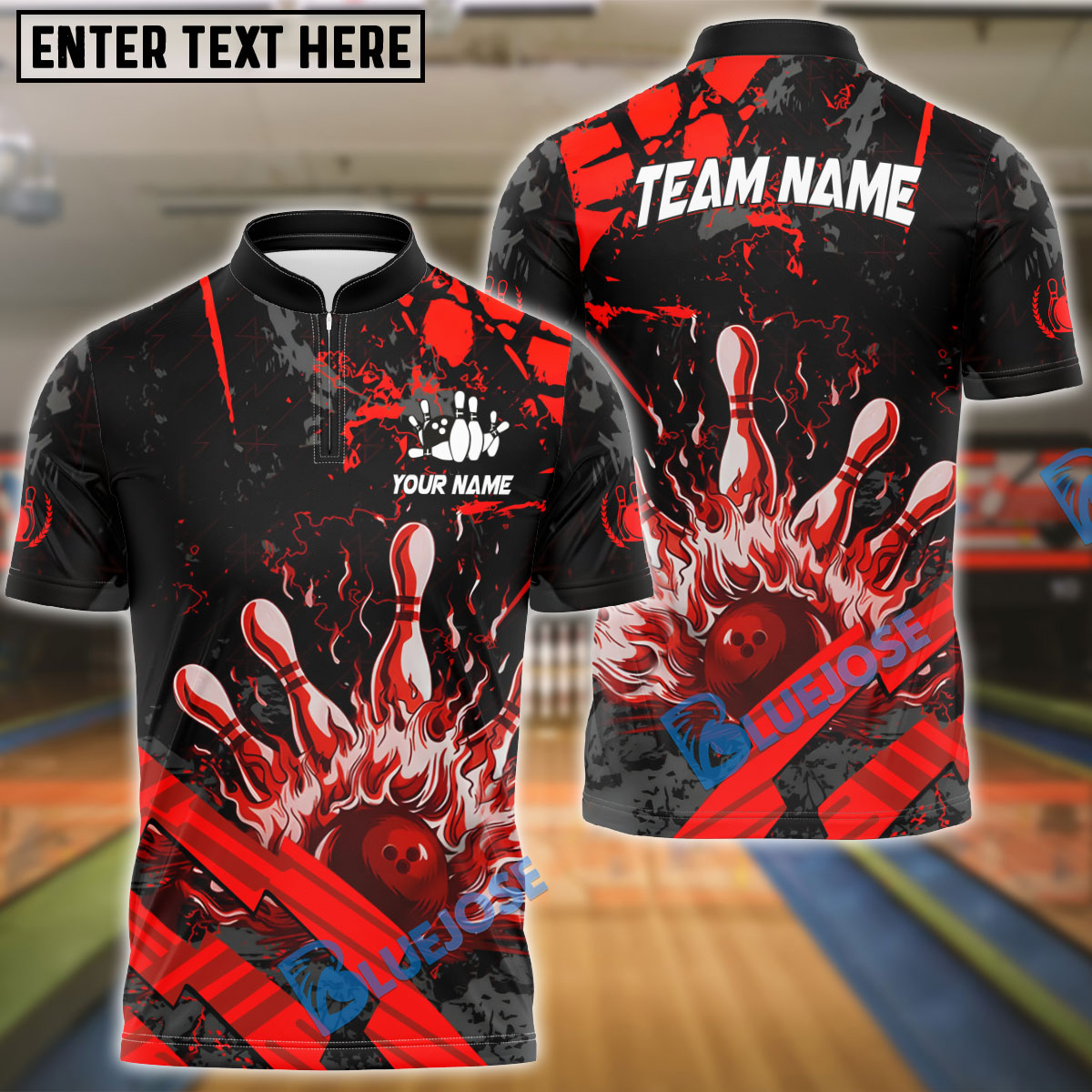 BlueJose Bowling And Pins Grunge Flame Customized Name 3D Shirt ( 6 Colors)