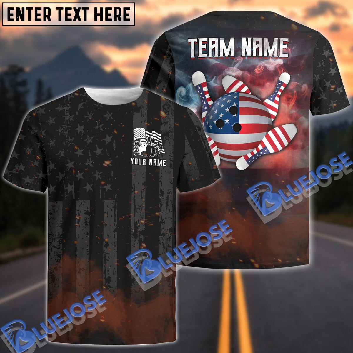 BlueJose Bowling Amrican Flag Retro Smoke Customized Name, Team Name 3D Shirt