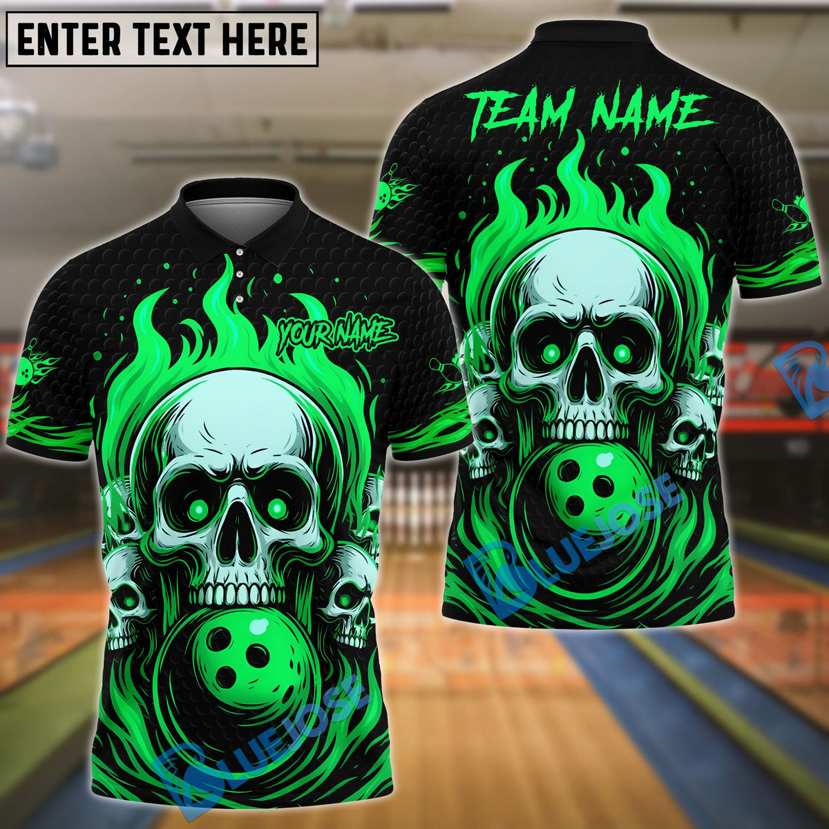BlueJose Bowling And Pins Flame Skull Team Design 2 Customized Name, Team Name 3D Shirt (4 Colors)