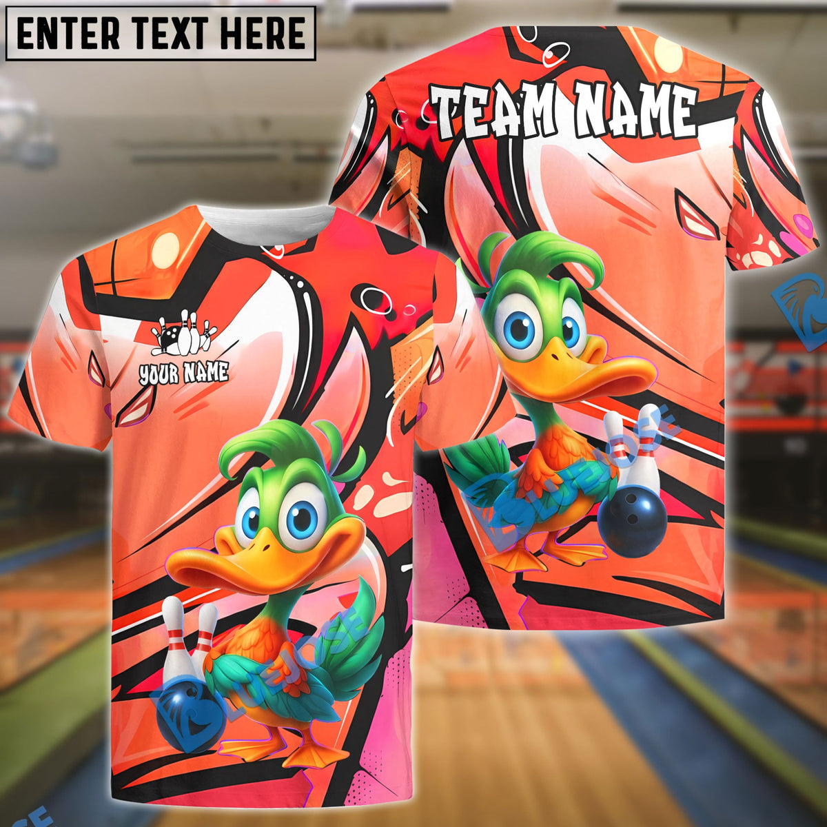 BlueJose Bowling And Pins Cartoon Duck Graffiti Customized Name, Team Name 3D Shirt (4 Colors)