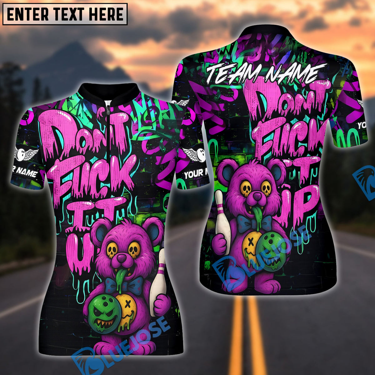 BlueJose Bowling And Pins Bear Scary Teddy Graffiti Style Customized Name, Team Name 3D Shirt (4 Colors)