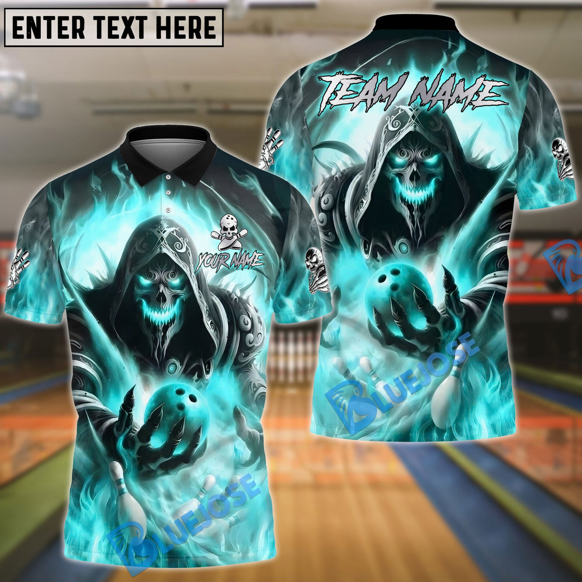 BlueJose Bowling And Pins Grim Reaper Strike Fire Glow Customized Name, Team Name 3D Shirt (4 Colors)