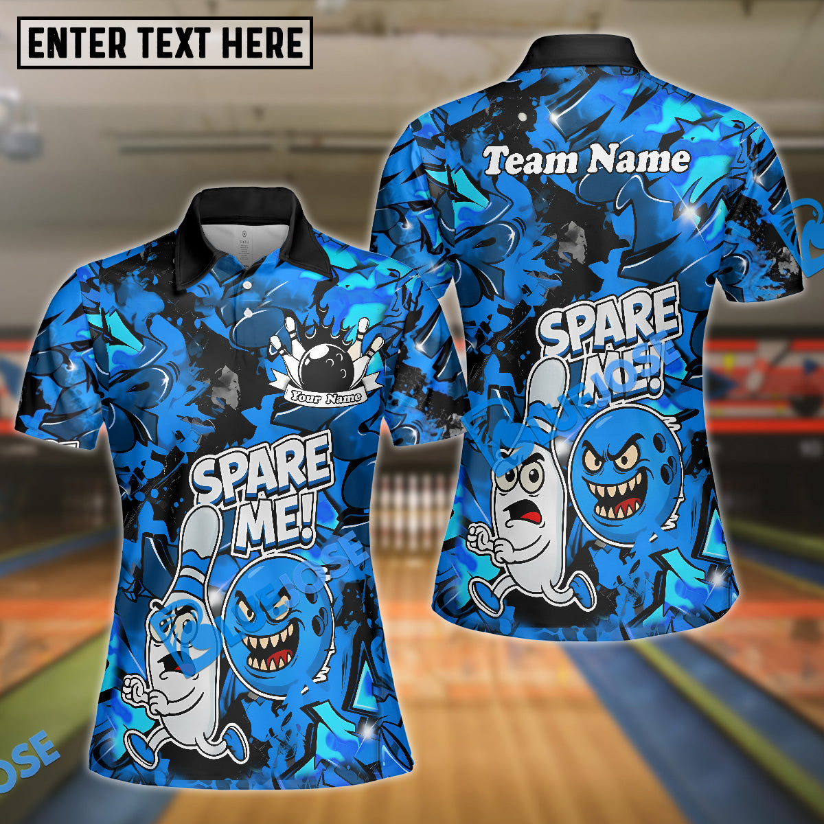 BlueJose Bowling Spare Me Cartoon Fire Burst  Customized Name, Team Name 3D Shirt (4 Colors)