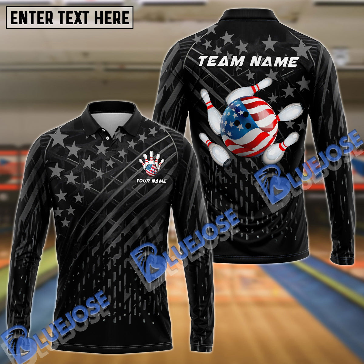 BlueJose Bowling US Black Flag Pattern Customized Name, Team Name 3D Shirt
