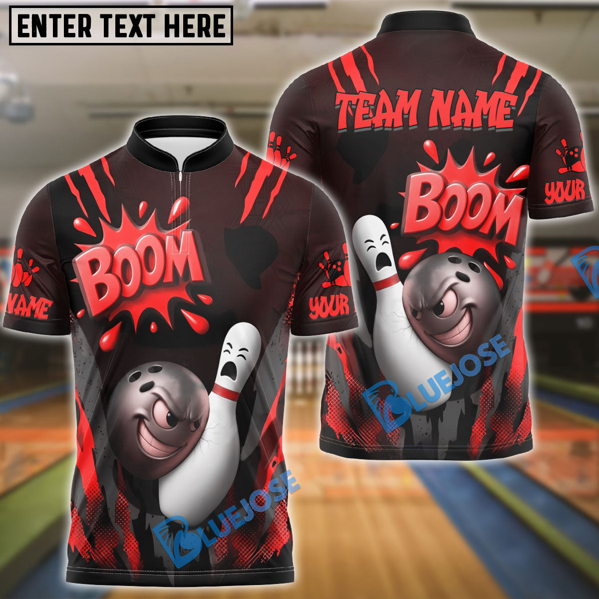 BlueJose Bowling Boom Cartoon Impact Customized Name, Team Name 3D Shirt (4 Colors)