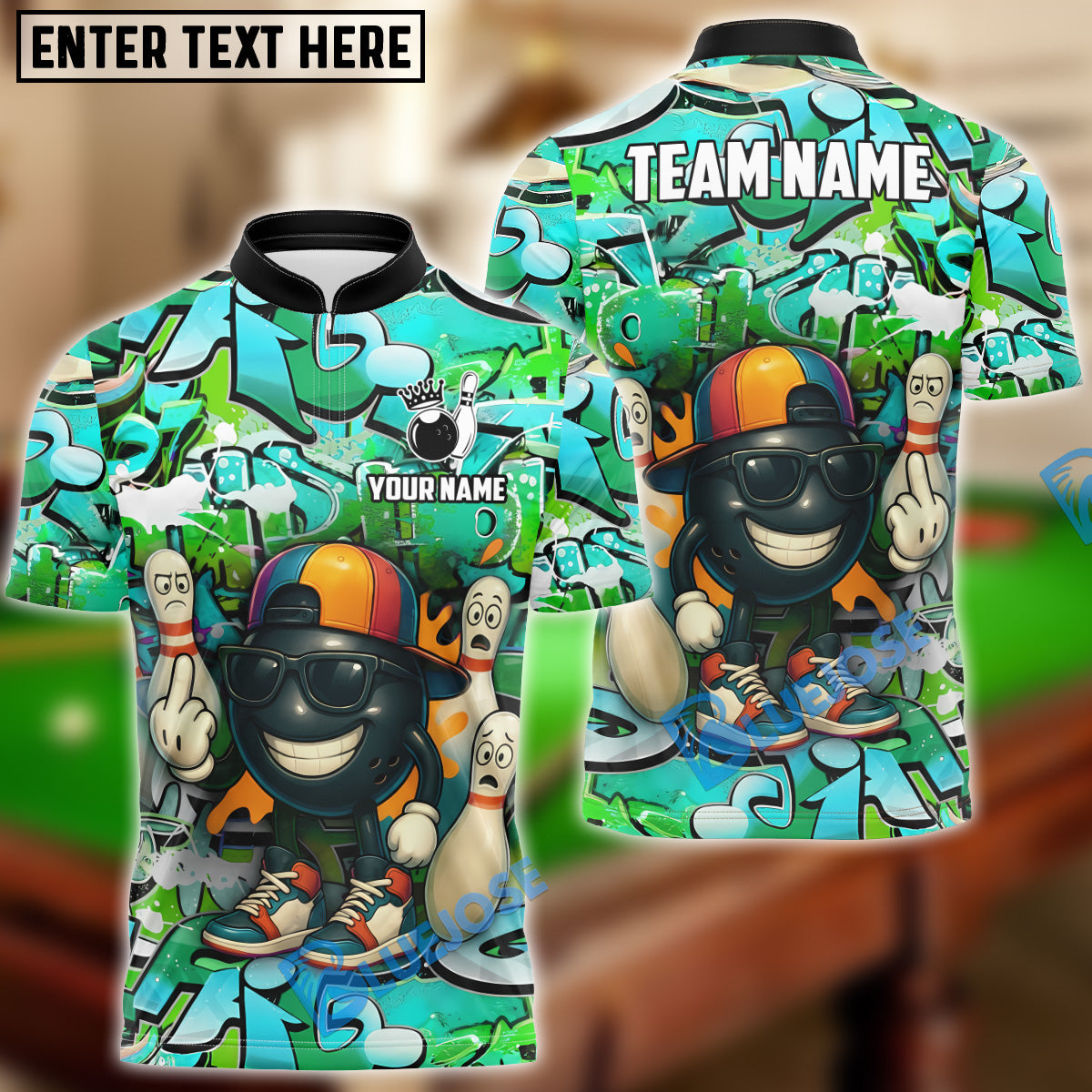 BlueJose Graffiti Bowling Attitude Customized Name, Team Name 3D Shirt (4 Colors)