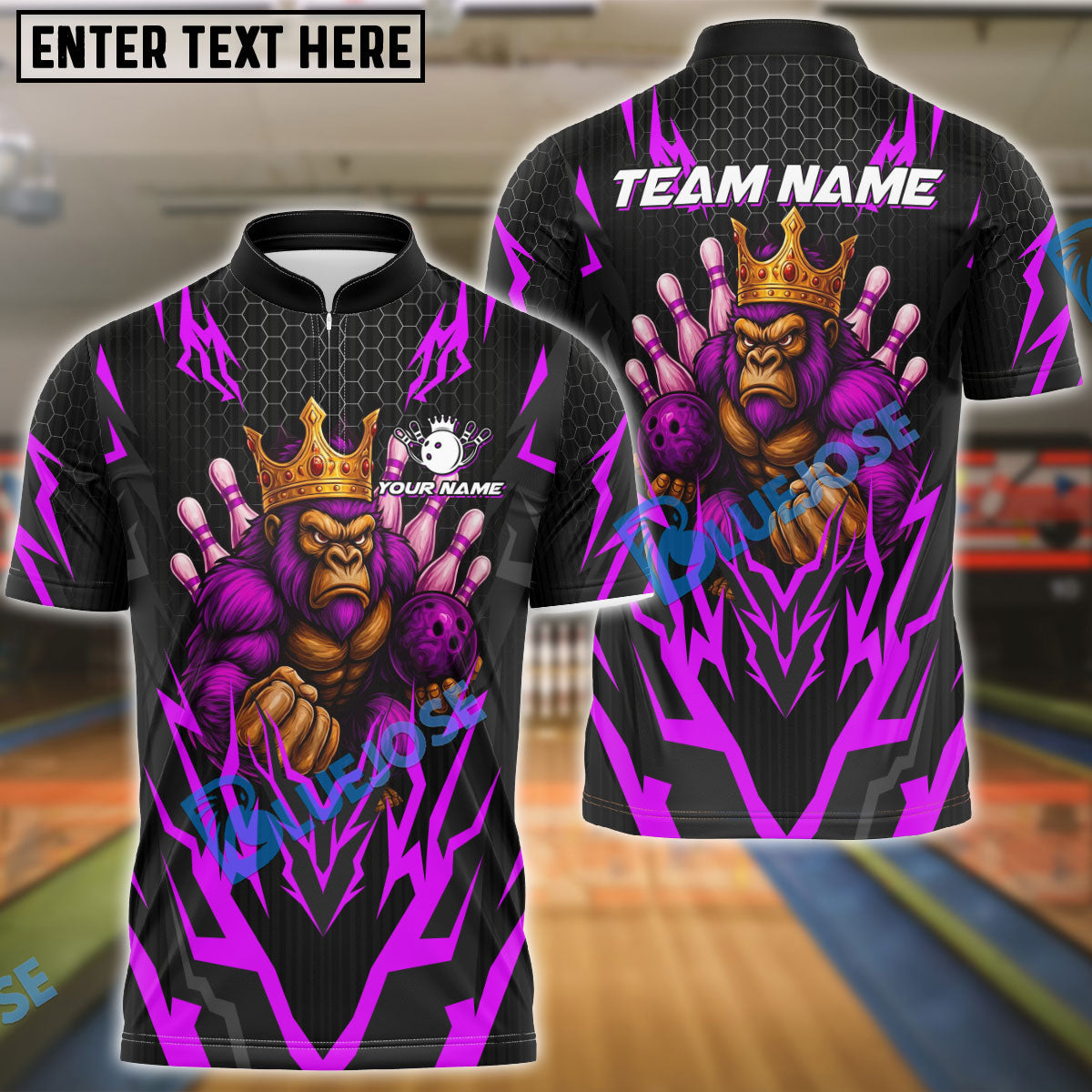 BlueJose Bowling And Pins King Gorilla Customized Name, Team Name 3D Shirt (4 Colors)