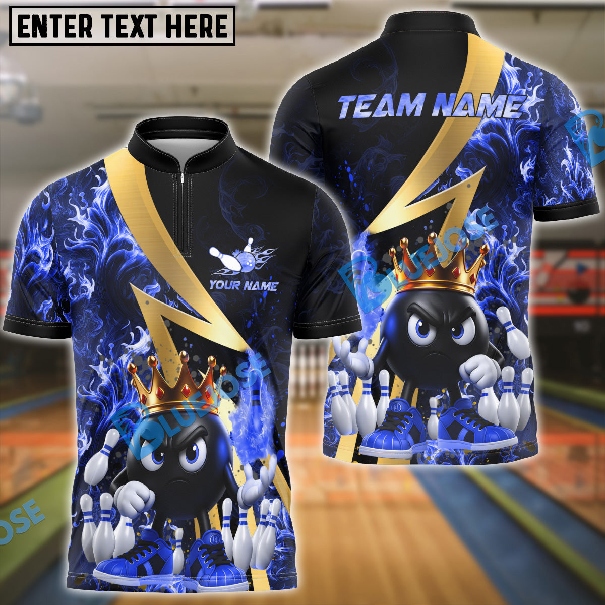BlueJose Bowling And Pins Royal Flames Customized Name, Team Name 3D Shirt (4 Colors)