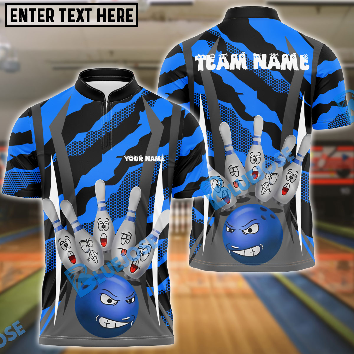 BlueJose Bowling And Pins Furious Strike Customized Name, Team Name 3D Shirt (4 Colors)