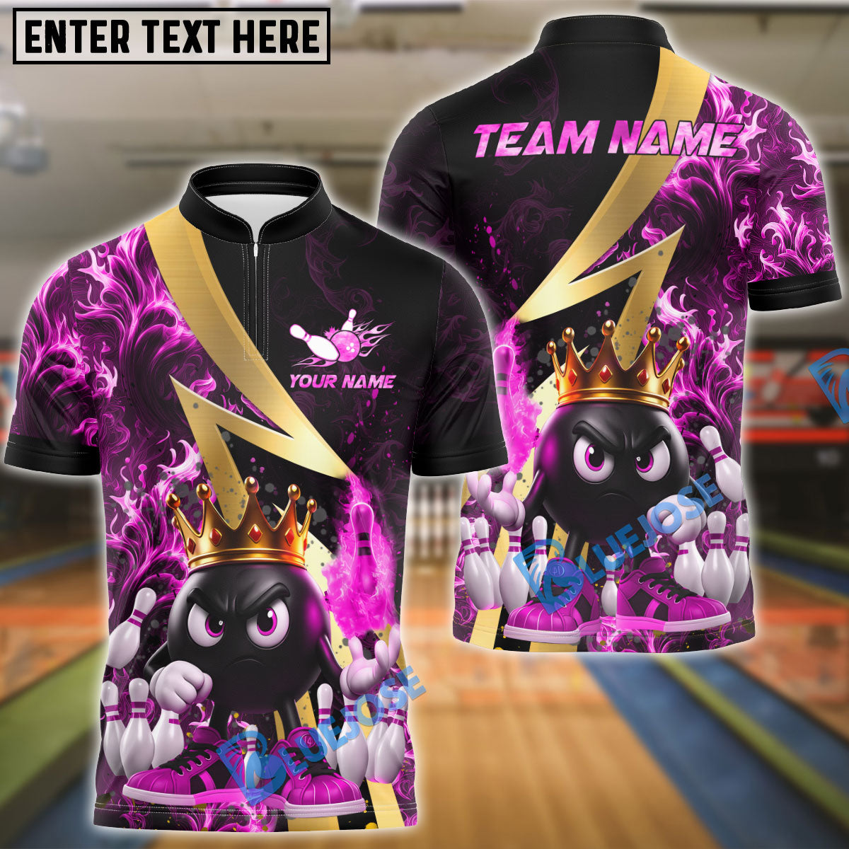 BlueJose Bowling And Pins Royal Flames Customized Name, Team Name 3D Shirt (4 Colors)