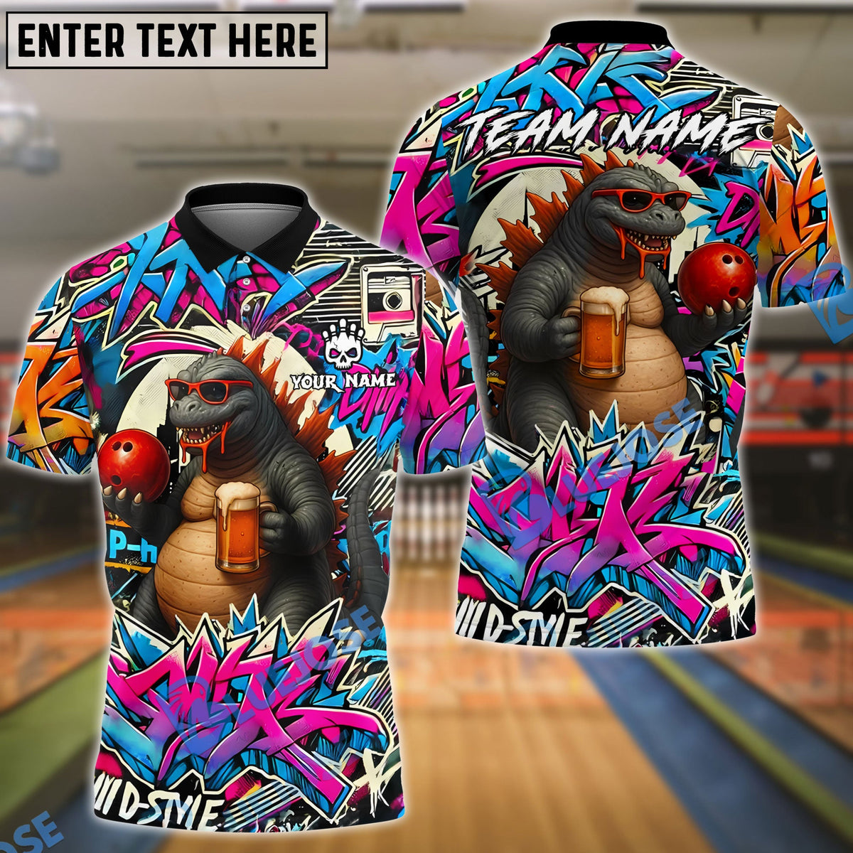 BlueJose Bowling And Pins Godzilla Graffiti Beer Customized Name, Team Name 3D Shirt (4 Colors)