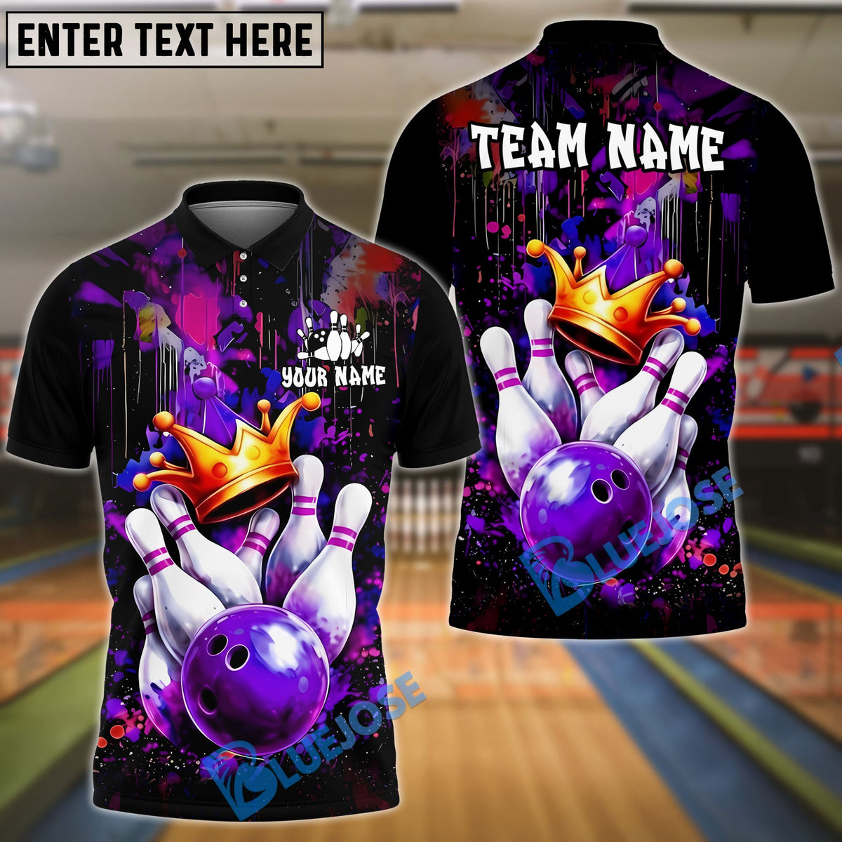 BlueJose Bowling & Pins Crown Pins Graffiti Splash Art Customized Name, Team Name 3D Shirt (6 Colors)