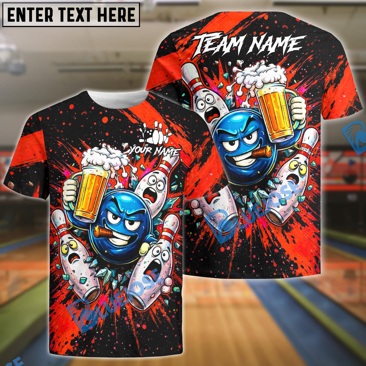 BlueJose Bowling & Pins Beer Party Funny Cartoon Customized Name, Team Name 3D Shirt (6 Colors)