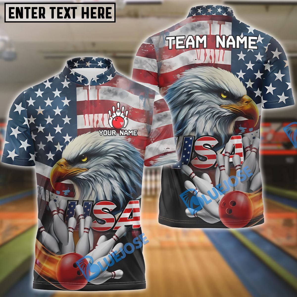 BlueJose Bowling Eagle Patriotioc USA Flag Personalized Name, Team Name Unisex Shirt