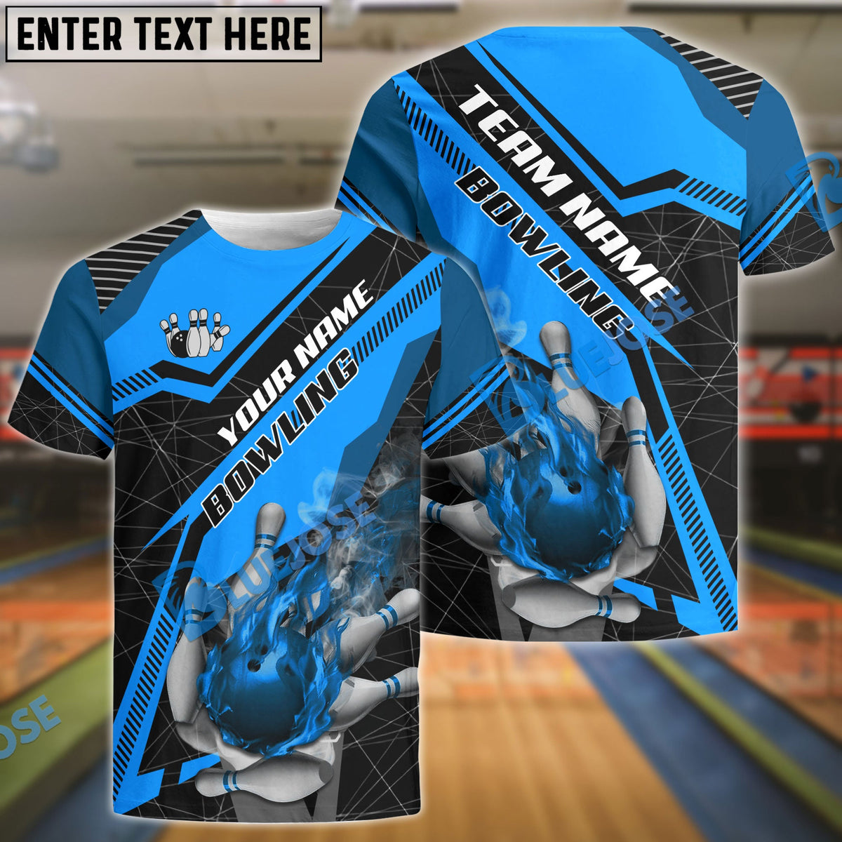 BlueJose Bowling And Pins Flame Smoke Premium Customized Name 3D Shirt (4 Colors)