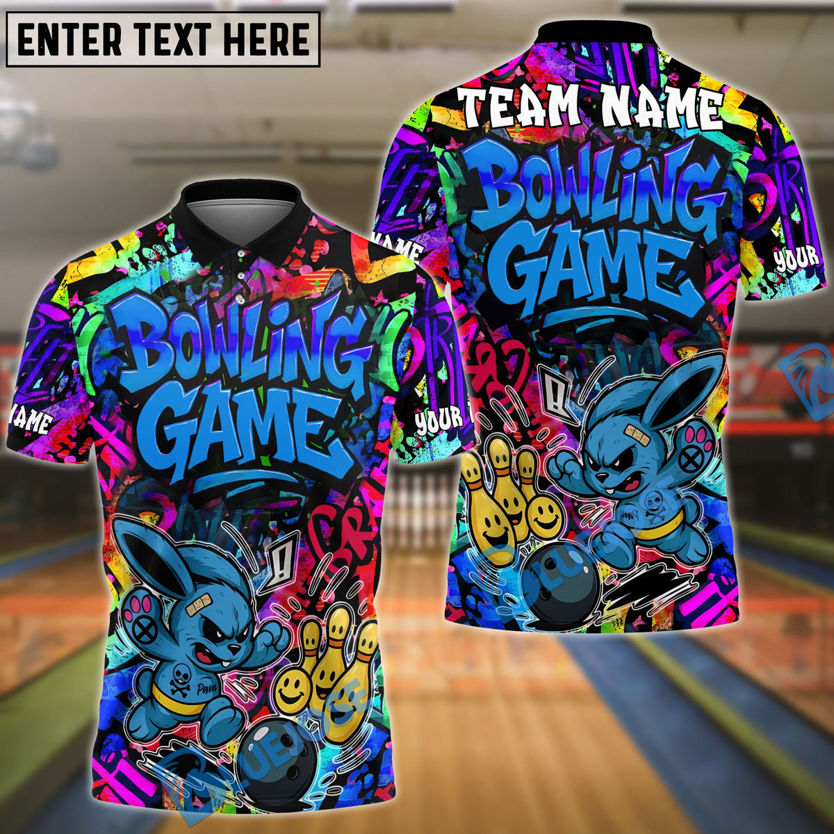 BlueJose Bowling And Pins Graffiti Colorful Bunny Customized Name, Team Name 3D Shirt (4 Colors)