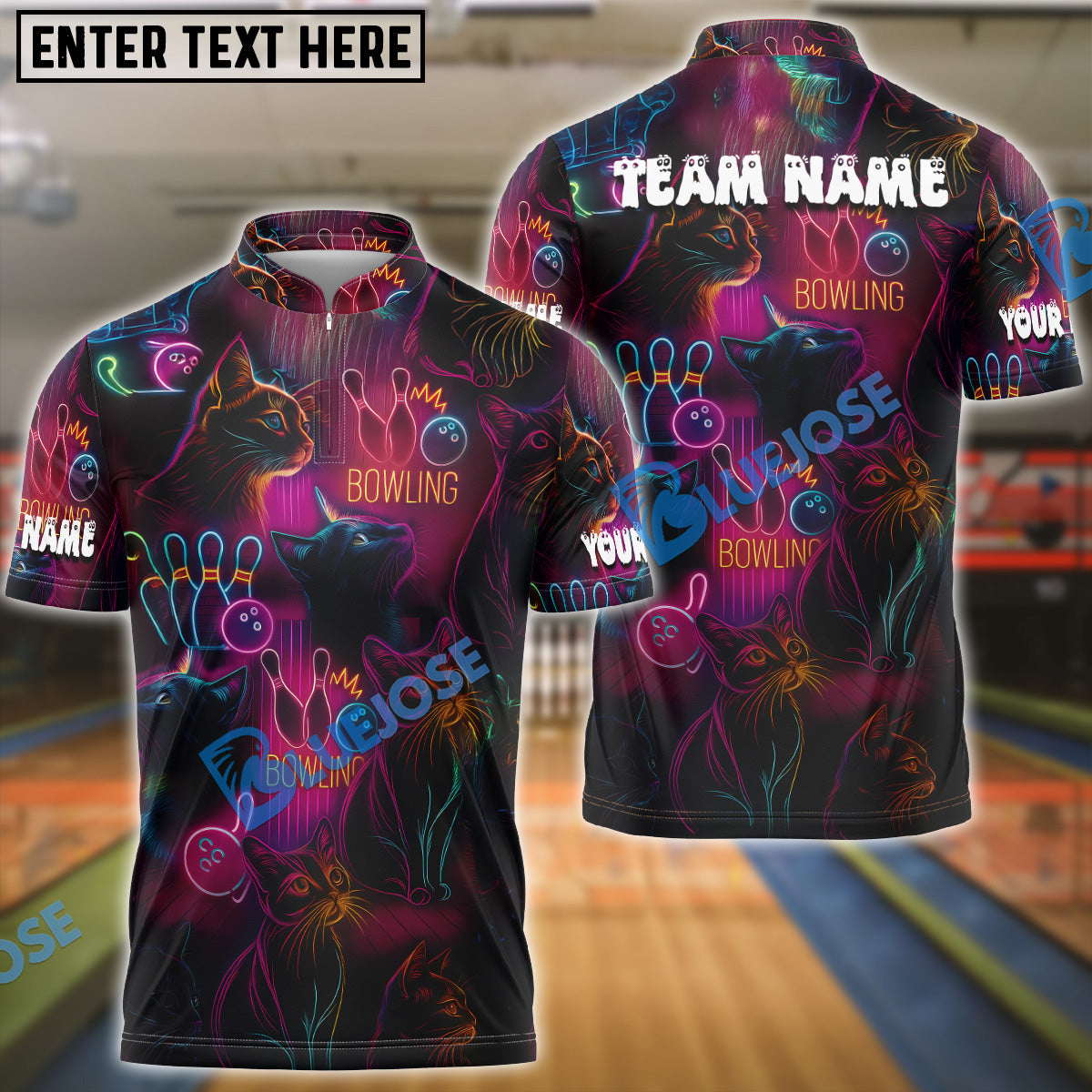 BlueJose Bowling Neon Cat Customized Name, Team Name 3D Shirt