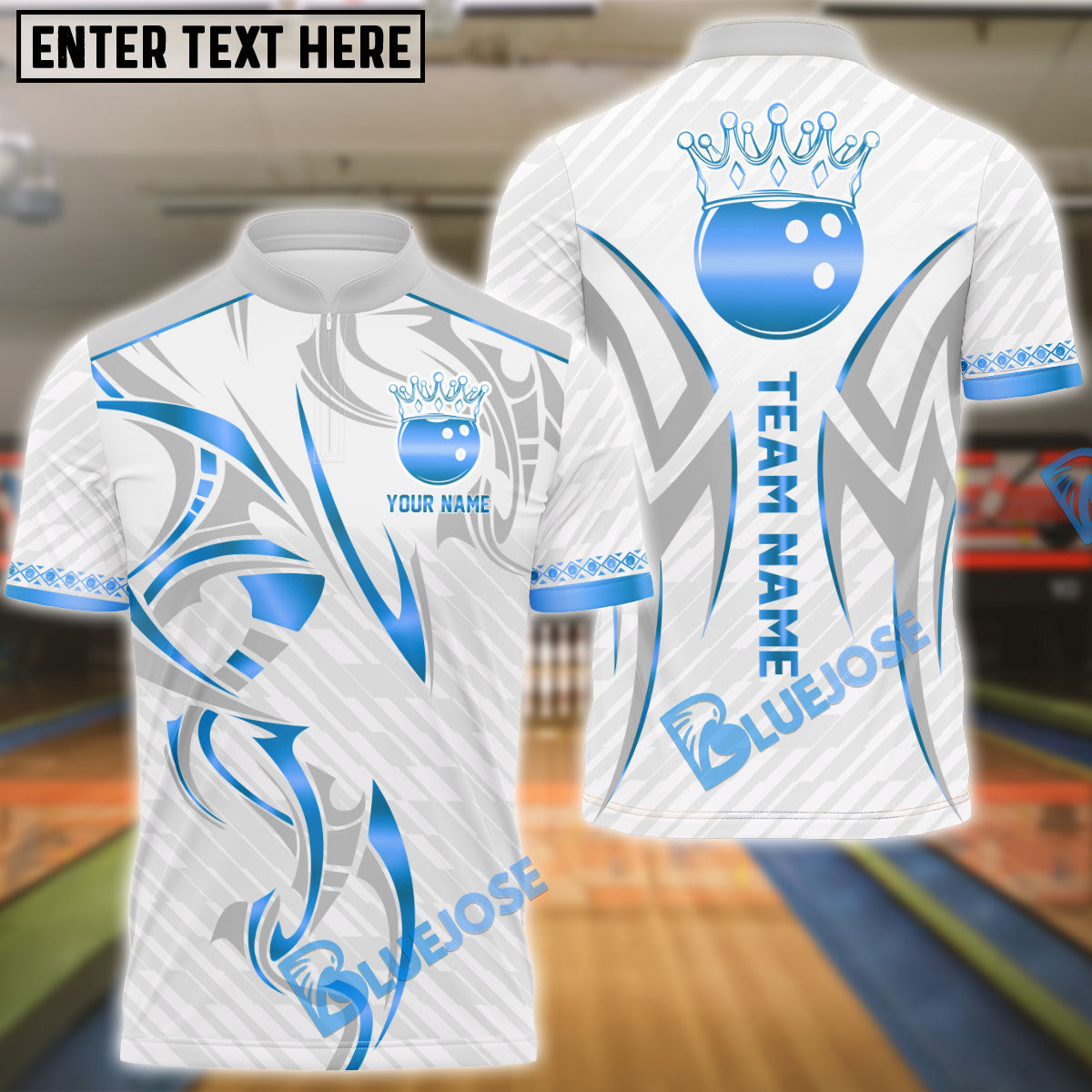 BlueJose Bowling And Pins White Royal Crown Design Customized Name, Team Name 3D Shirt (4 Colors)
